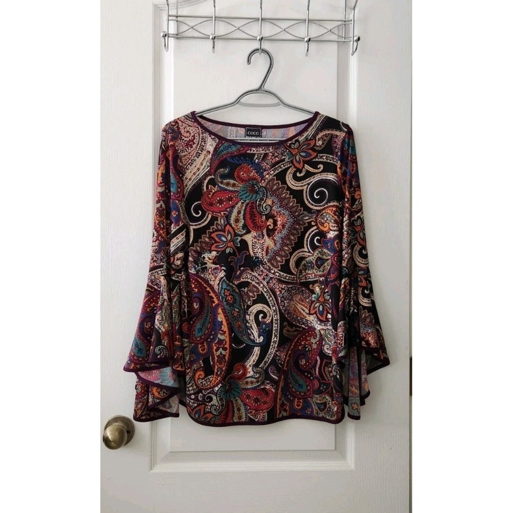 Coco Bianco Vintage Black Floral Paisley Round Neck Bell Long Sleeve Top Size M - Picture 2 of 9